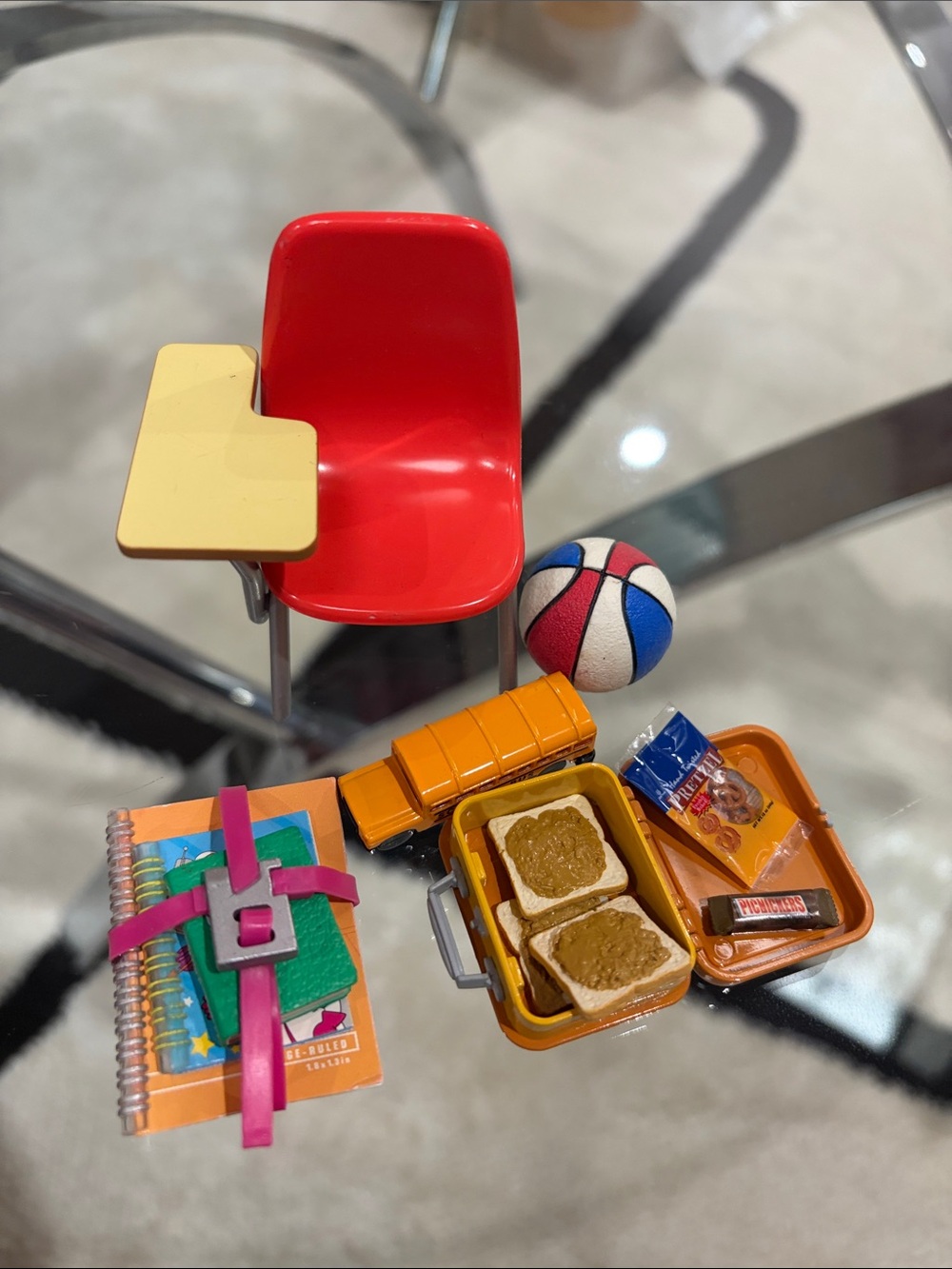 Red School Desk Chair Toy Playset with Yellow Tablet and Orange Accessories